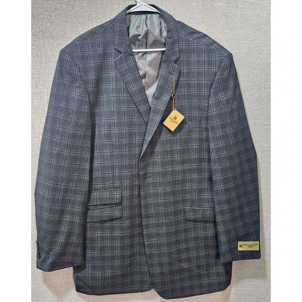 Stacy Adams Gold Mens Charcoal Grey Plaid Suit Jacket Sport Coat Blazer 50L New